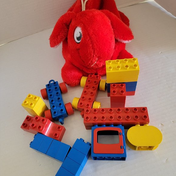 Vintage Red Storage Lego Duplo Red Rabbit Bunny Plush Animal + Train blocks 1984 - Picture 3 of 8
